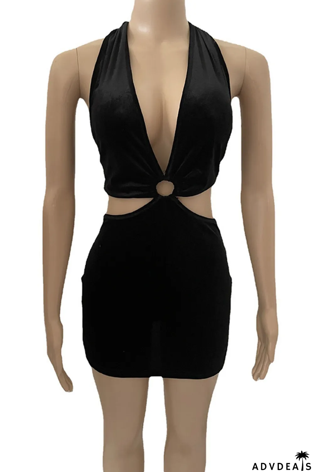 Blue Sexy Solid Hollowed Out Patchwork Halter Pencil Skirt Dresses