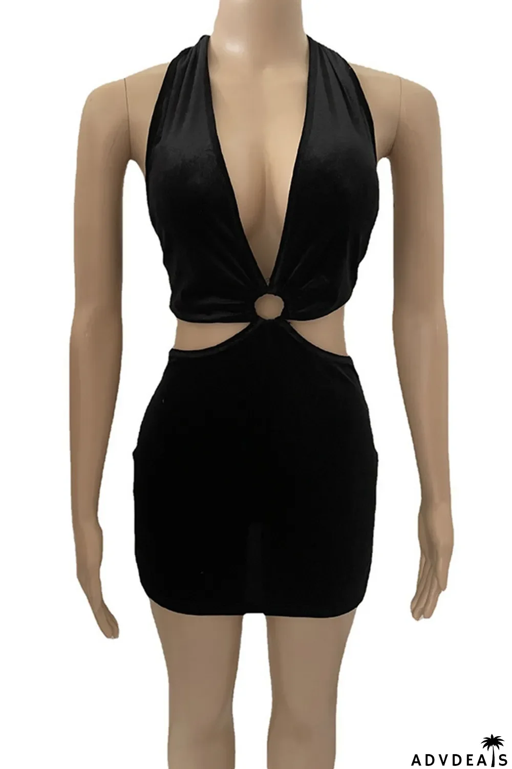 Blue Sexy Solid Hollowed Out Patchwork Halter Pencil Skirt Dresses