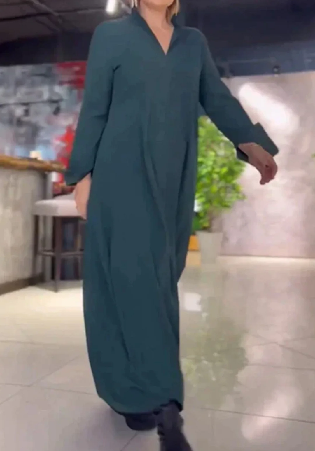 Nigikala Nigikala Summer New Casual Solid Color Loose Thin V Collar Long Sleeve Dress