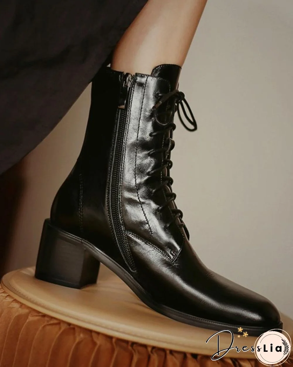 Pointed-toe Solid Color Lace-up Martin Boots