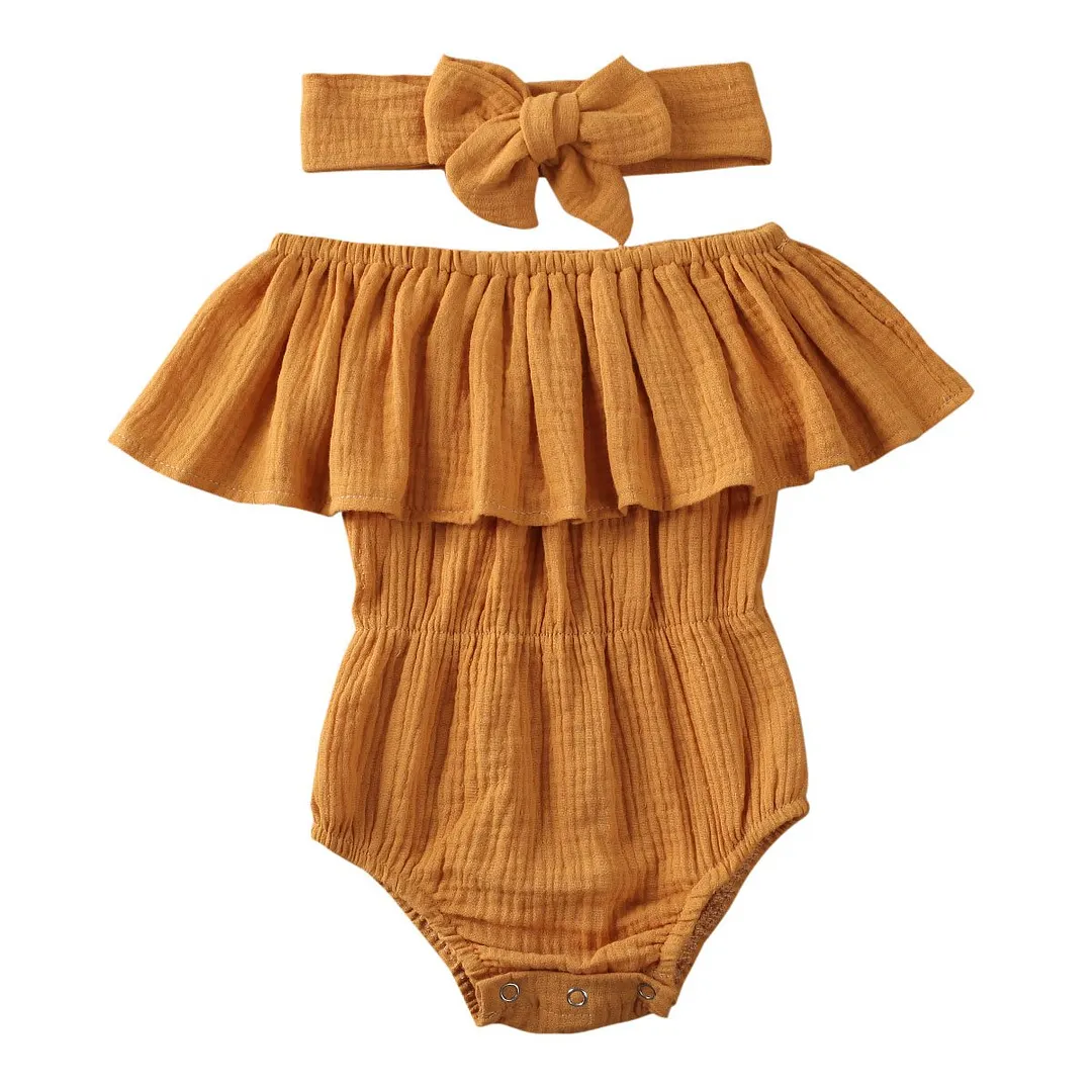 2020 Baby Summer Clothing Newborn Baby Girl Ruffles Sleeve Jumpsuit Classic Solid Color Off-shoulder Triangle Jumpsuit Headband