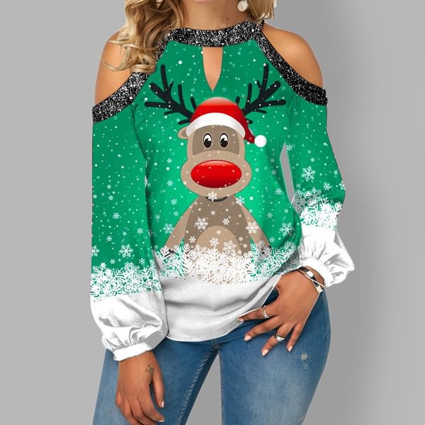 Christmas Clothes New Fashion Women's Christmas Deer Printed Strapless Long Sleeve Casual Top Soft and Comfortable Thin Bottoming Shirt XS-5XL - Chicaggo