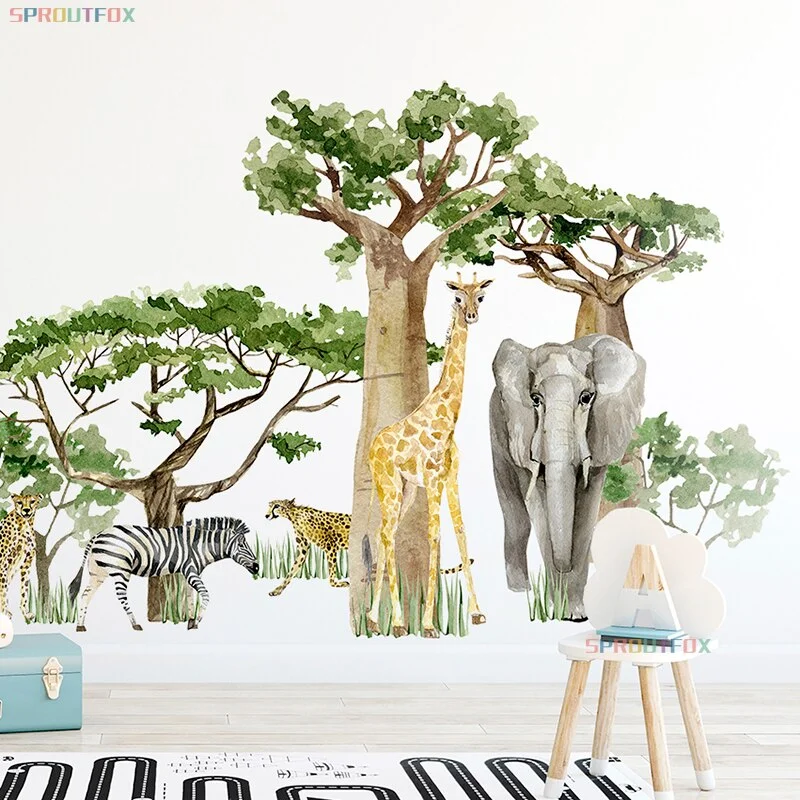 Large Animal Elephant Giraffe Zebra Leopard Wall Stickers for Kid Rooms Baby Boys Bedroom Big Tree Green Forest Animals Decal