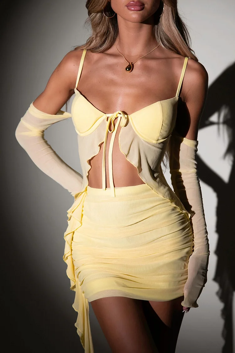 Cold Shoulder Tie Up Top Ruffled Ruched Mini Skirt 2pcs Set-Yellow [Pre Order]