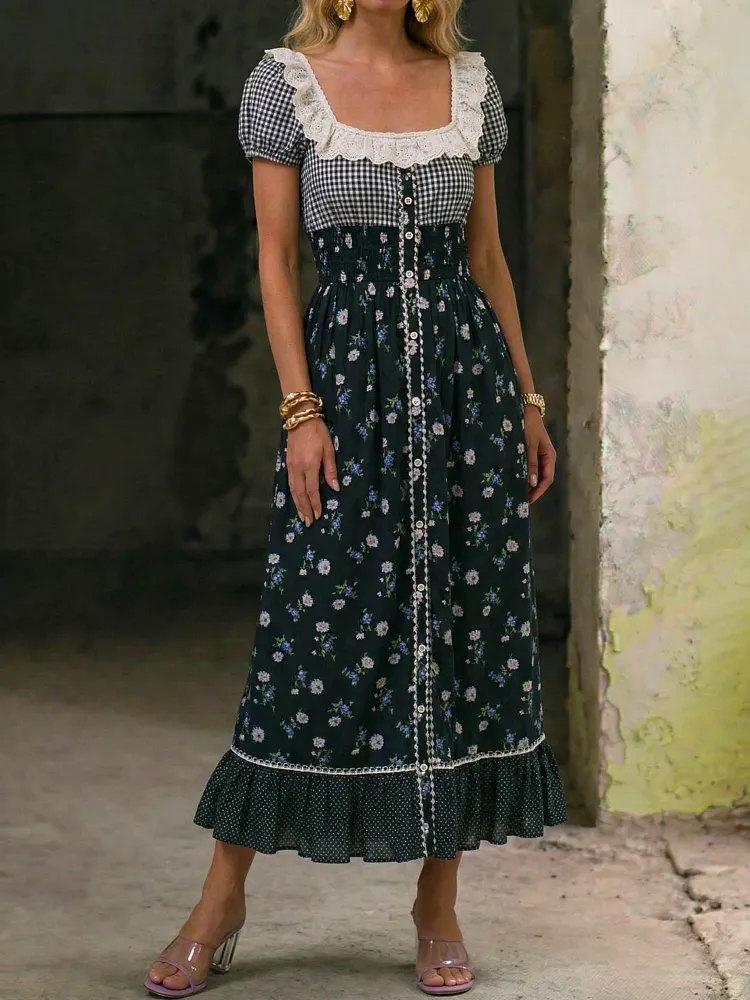 Women's Casual Fashion Short-sleeve Floral-print Lace Dress With Plaid And Polka-dot Details