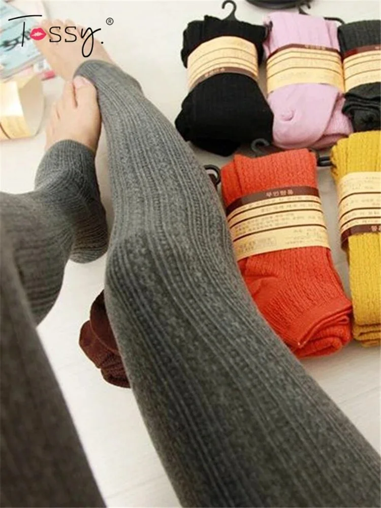 Tossy Autumn Winter Women&rsquo;s Skinny Slim Stretch Knitted Leggings Solid High Waist Ribbed Warm Pants Sexy Trousers 2021Fashion