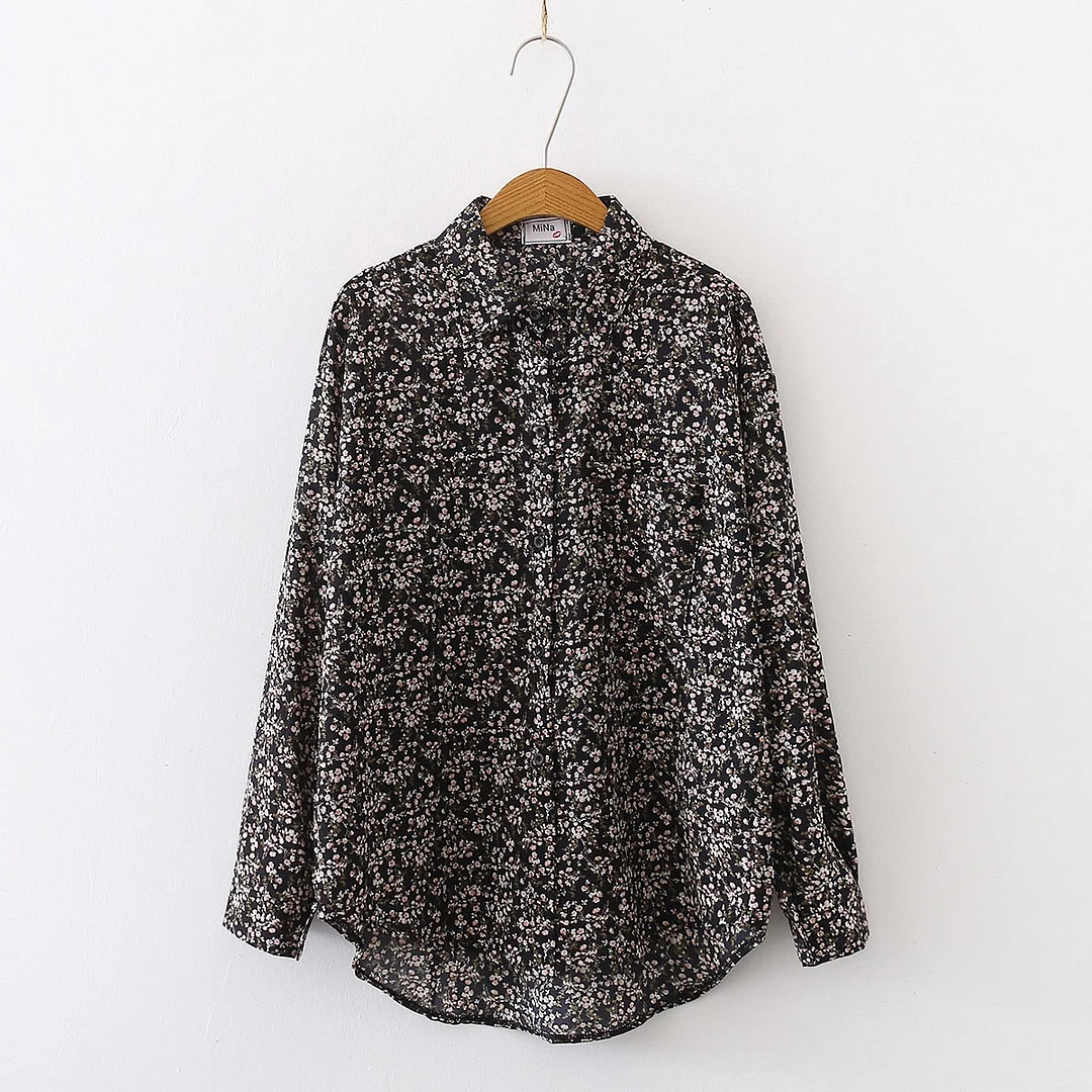 Spring New Women Vintage Loose Letter Floral Shirt Long Sleeve Button Up Chiffon Blouse Turn-Down Collar Autumn Casual Tops T094