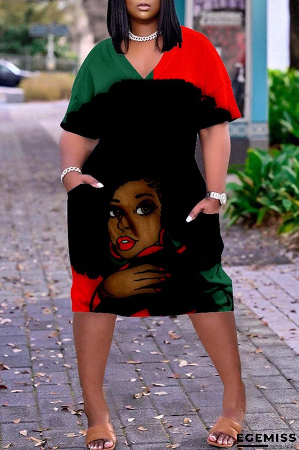 3D Printed Outdoor Fashion Casual Loose Plus Size Women's V-neck Sleeve Dress White Dresses | EGEMISS