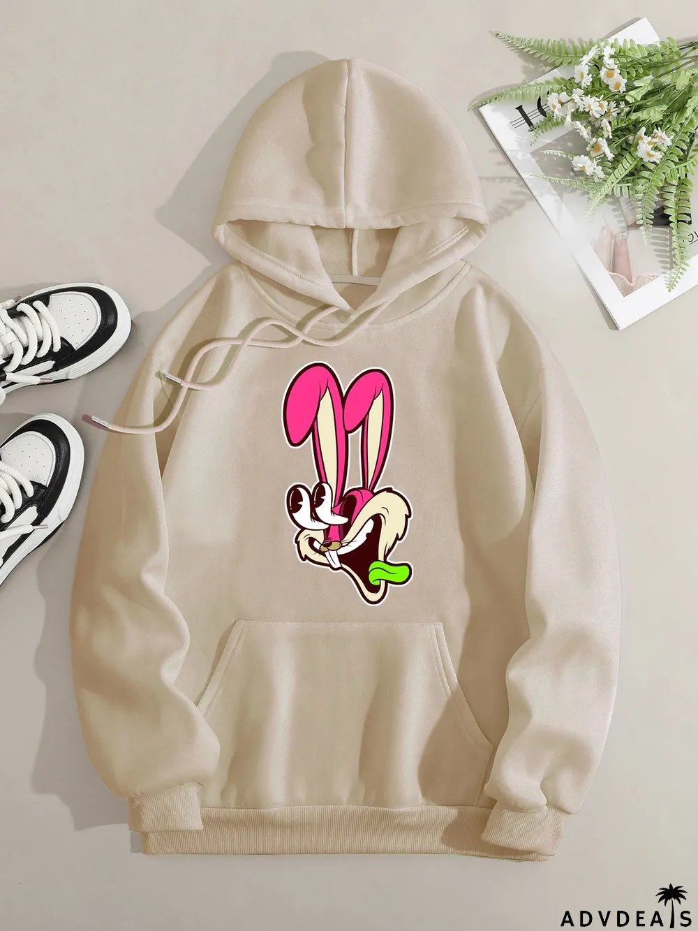 Printed on front Kangaroo Pocket Hoodie Long Sleeve for Women Pattern Rabbit Surprised