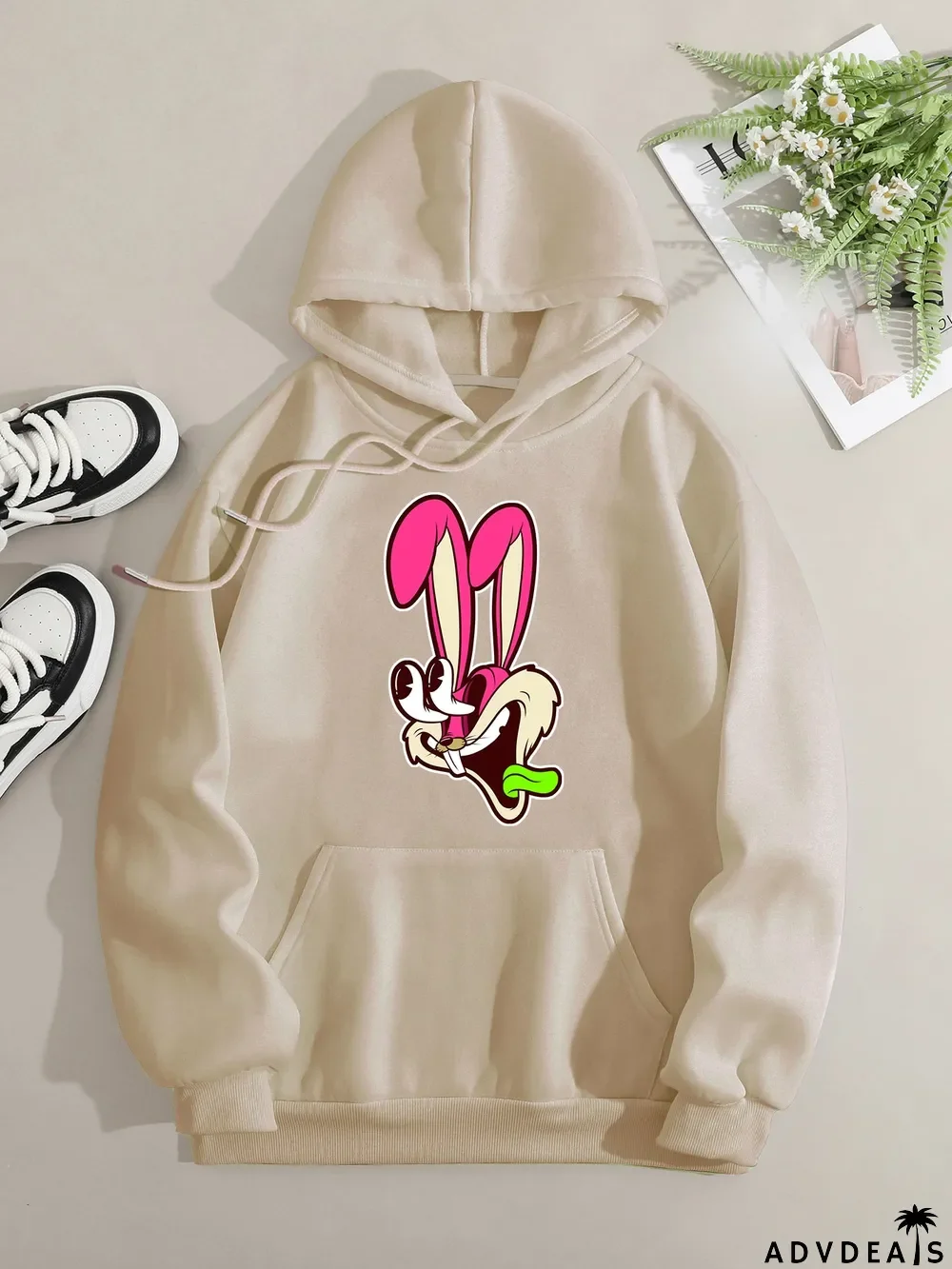 Printed on front Kangaroo Pocket Hoodie Long Sleeve for Women Pattern Rabbit Surprised
