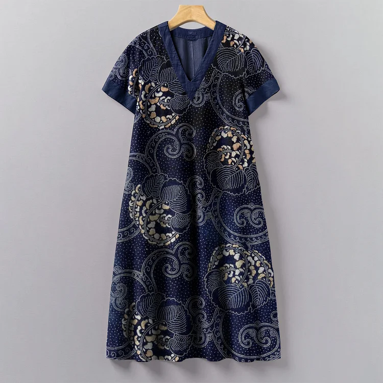 Japanese Traditional Sashiko Art Pattern Painting V-Neck Dress