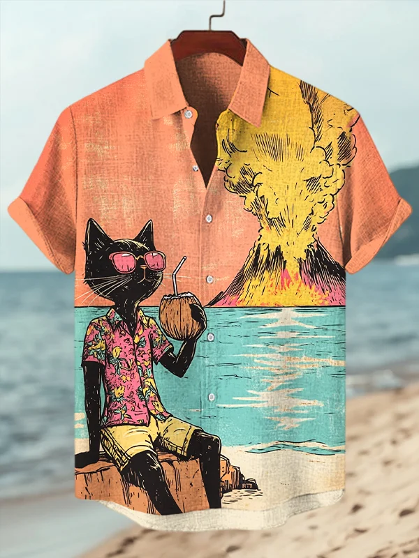 Men's Black Cat Drinking Coconut Juice Volcanic Eruption Print Short Sleeve Shirt