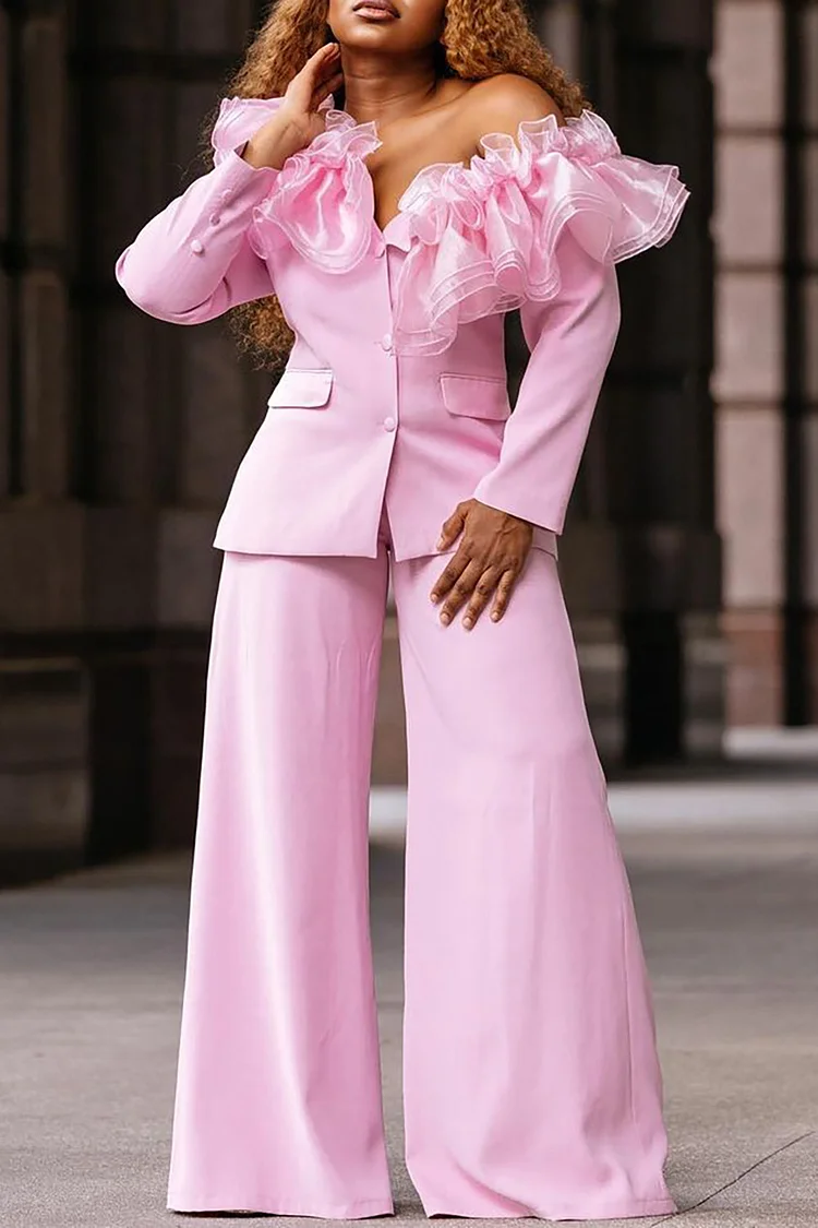 Plus Size Pink Business Casual Satin One Shoulder Overlay Ruffle Straight Leg Two Piece Blazer Pant Sets 