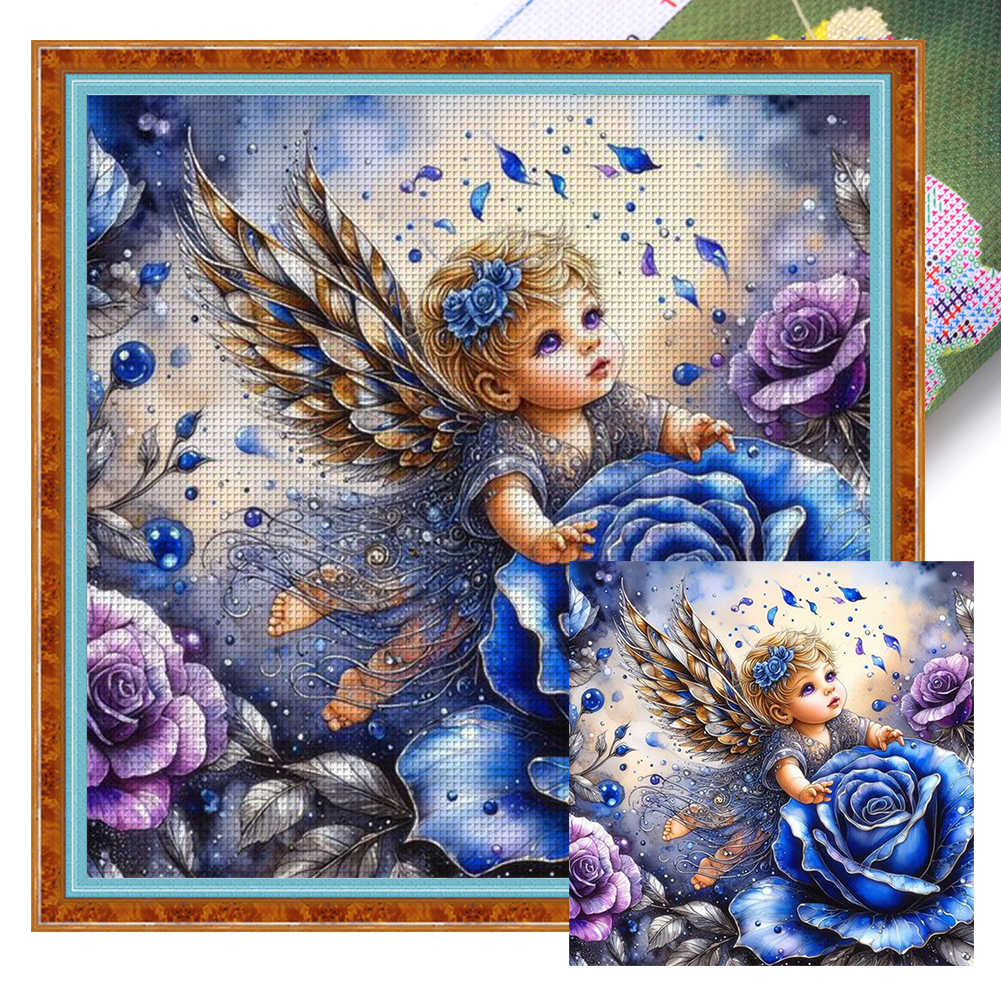 Yishu 11CT Stamped Cross Stitch Blue Rose And Little Angel(45*45cm)