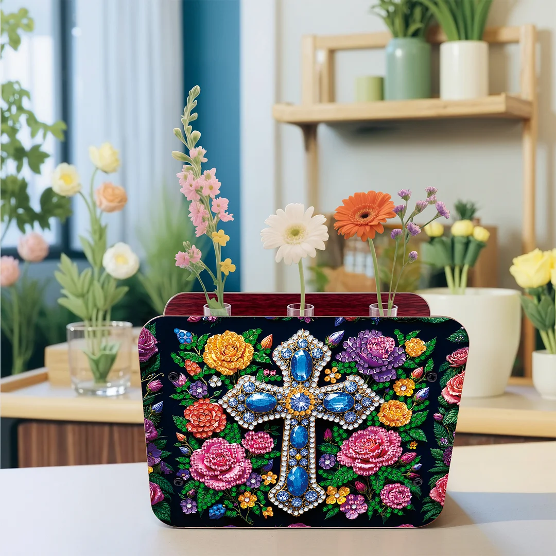 Cross DIY Flower Vase Wooden Double Sided Desktop Diamond Art Kit for Home Decor