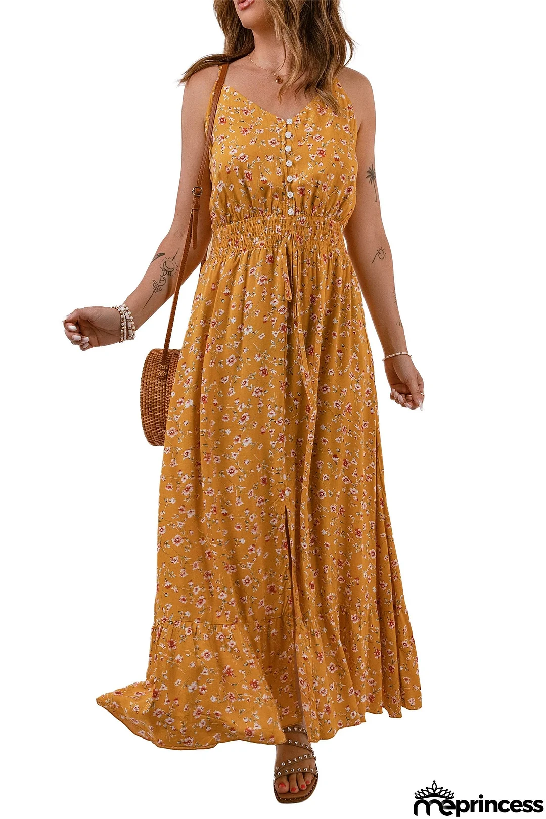 Floral Print Buttoned Drawstring Sleeveless Maxi Dress