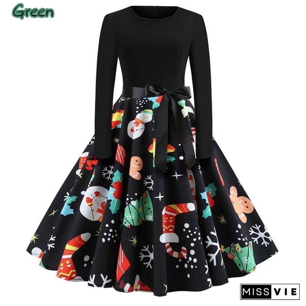 Fashion Women Christmas Swing Party Dress Printing Long sleeve Festival prom belt evening