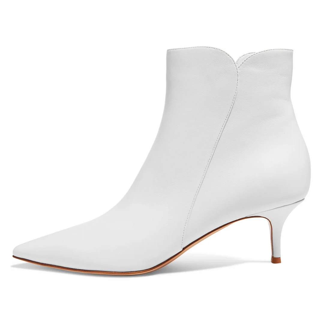 White Kitten Heel Side Zipper Pointed Toe Short Boots for Women