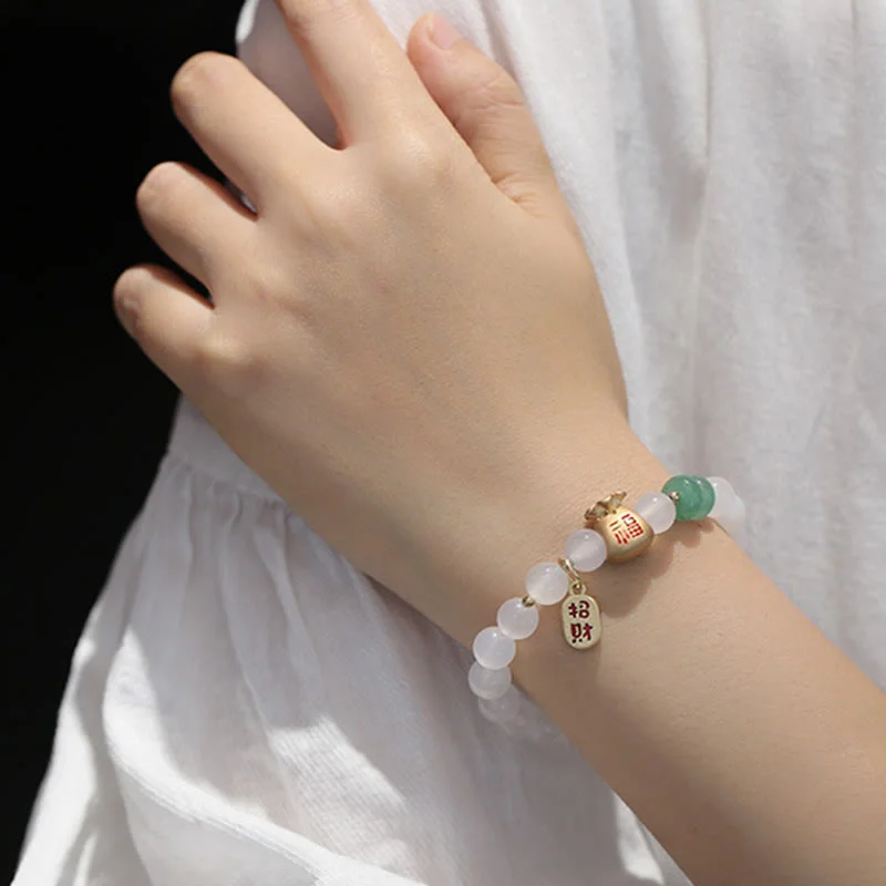 White Agate Red Agate Money Bag Fu Character Four Leaf Clover Protection Charm Bracelet