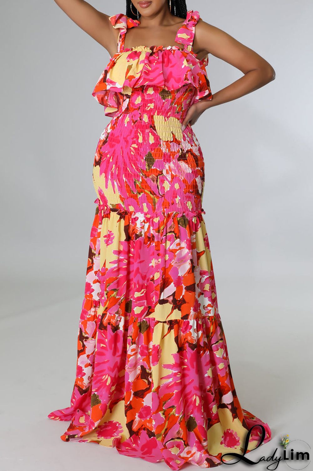 Red Fashion Sexy Print Bandage Backless Spaghetti Strap Long Dress