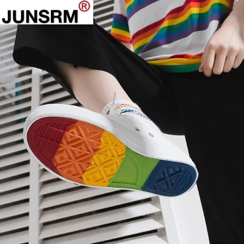 Women Fashion Vulcanized Shoes  Women Sneakers New Retro Rainbow Canvas Shoes Ladies Flat Fashion Comfort High Top Shoes