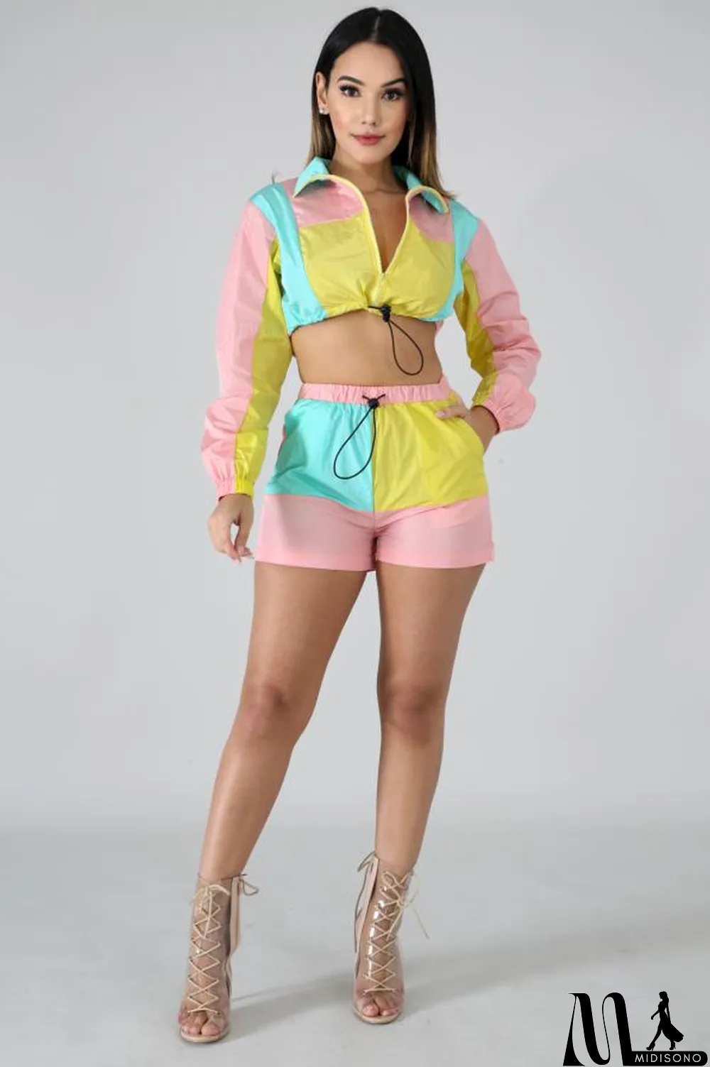 MidiSono - purple Polyester Casual Fashion Zippered crop top Patchwork Regular Two-Piece Short Set