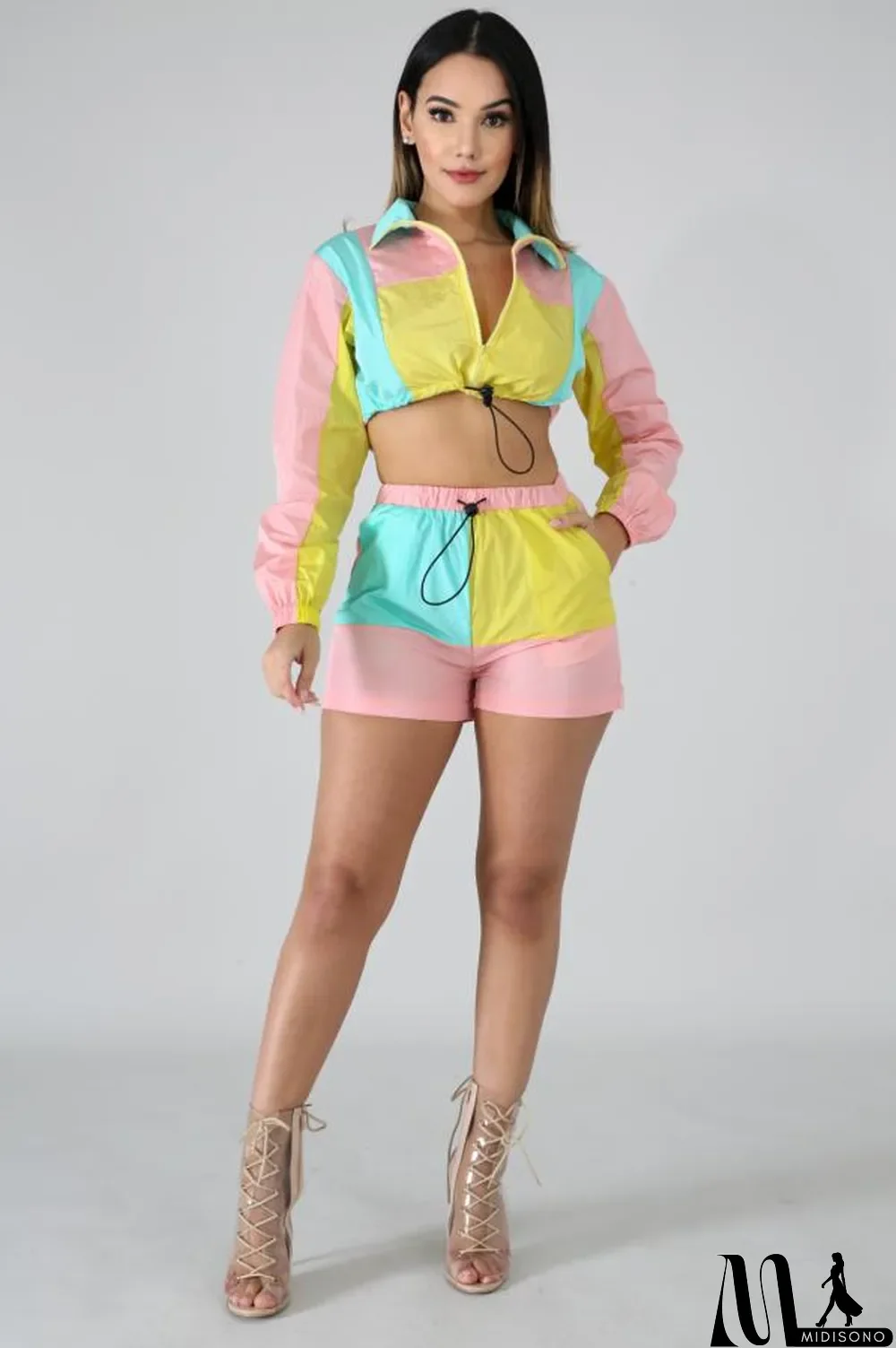 MidiSono - purple Polyester Casual Fashion Zippered crop top Patchwork Regular Two-Piece Short Set