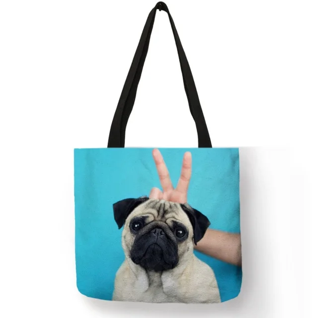 Linen Eco-friendly Tote Bag -  Pug Dog