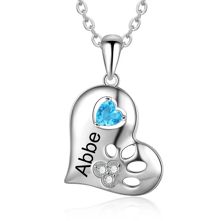 Personalized Heart Paw Print Necklace with Birthstone Sterling Silver Pet Necklace