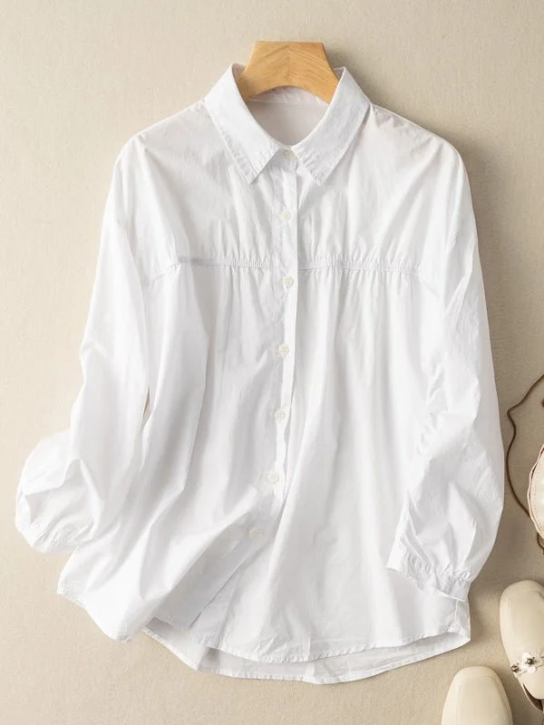 100% Natural Fabric Pleated Commuter Loose Shirt In White