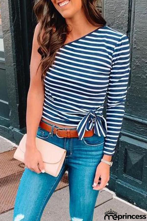 One-Shoulder Striped Wrap Top