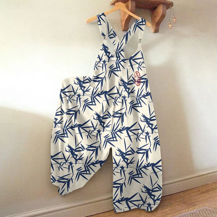 Comstylish Japanese Art Bamboo Print Loose Casual Jumpsuit