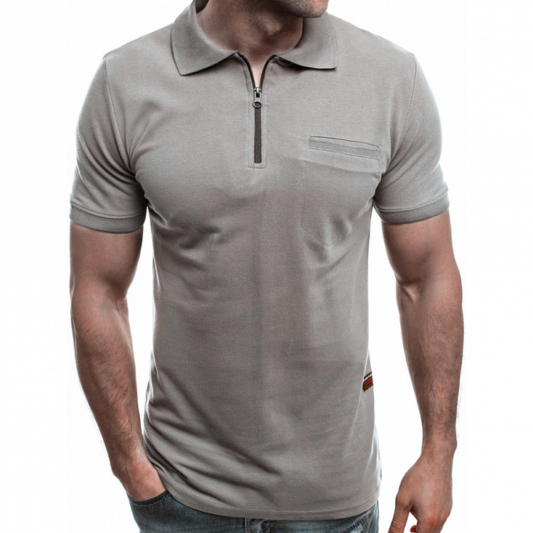 Solid Color Summer Men's Zipper Casual Short Sleeve Polo Shirts at Hiphopee