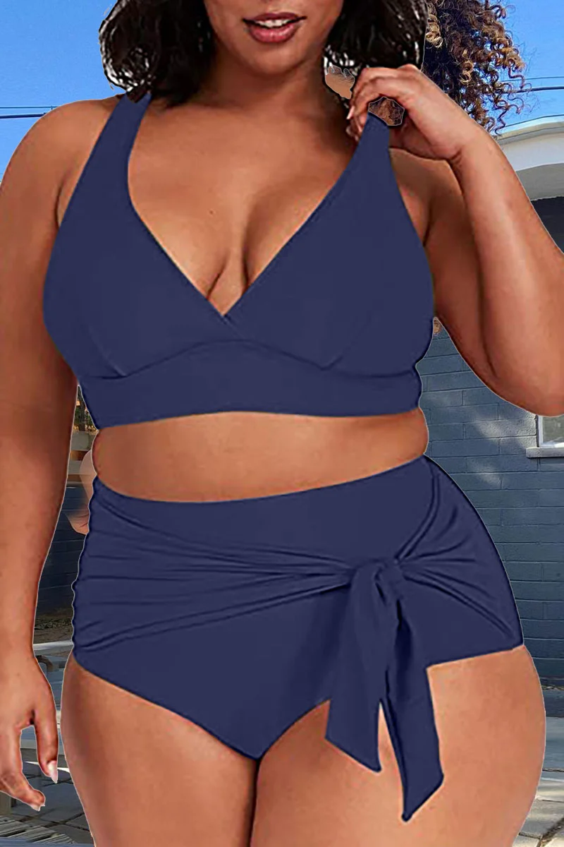 Blue Sexy Solid Bandage V Neck Plus Size Swimwear | EGEMISS