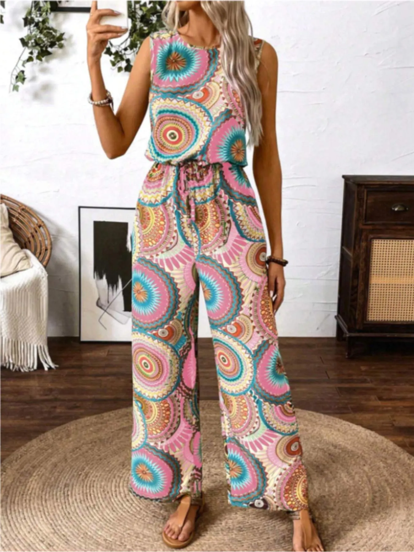 Women's Bohemian Style Sleeveless Jumpsuit, All over Print, Fitted, Casual, Round Neck, Wide Leg, Elastic Waist, Party & Vacation, Boho