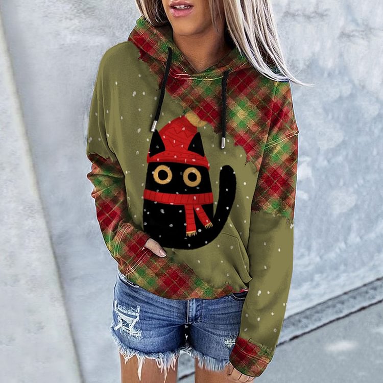 Vefave Christmas Cat Check Print Hoodie