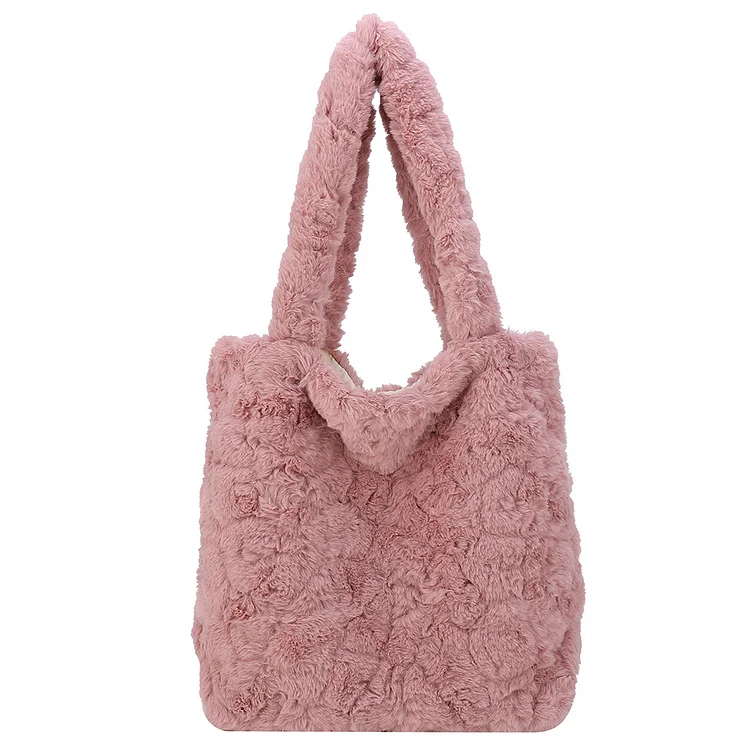 Women Top-handle Bag Fluffy Autumn Winter Soft Plush Shoulder Handbag (Pink)