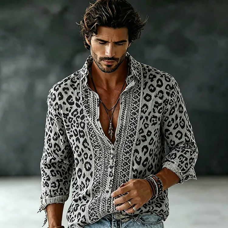 Men's Vintage Leopard Art Print Flowy Linen Blend Shirt