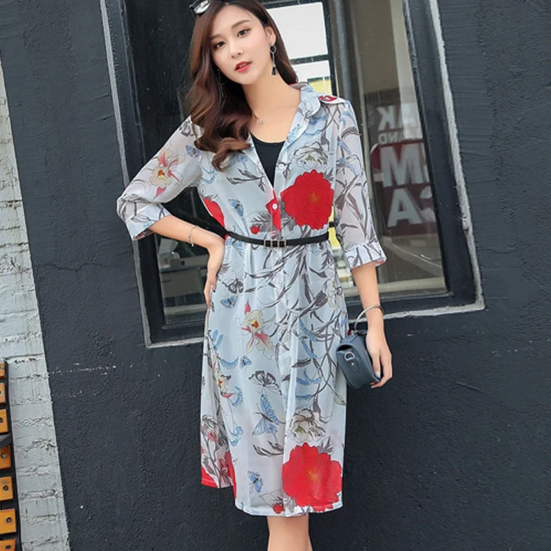 Summer Sun Protection Women Long Blouses Super Thin Floral Chiffon Cardigan Half Sleeve Loose Flower Print Blouse Shirts 4152