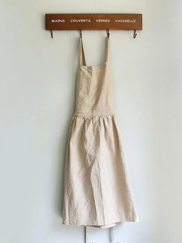 Cotton and linen art tie apron dress-Mayoulove