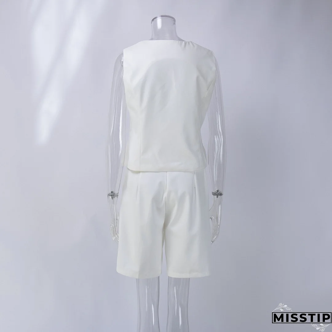 Women v-neck single-breasted vest + shorts two-piece set