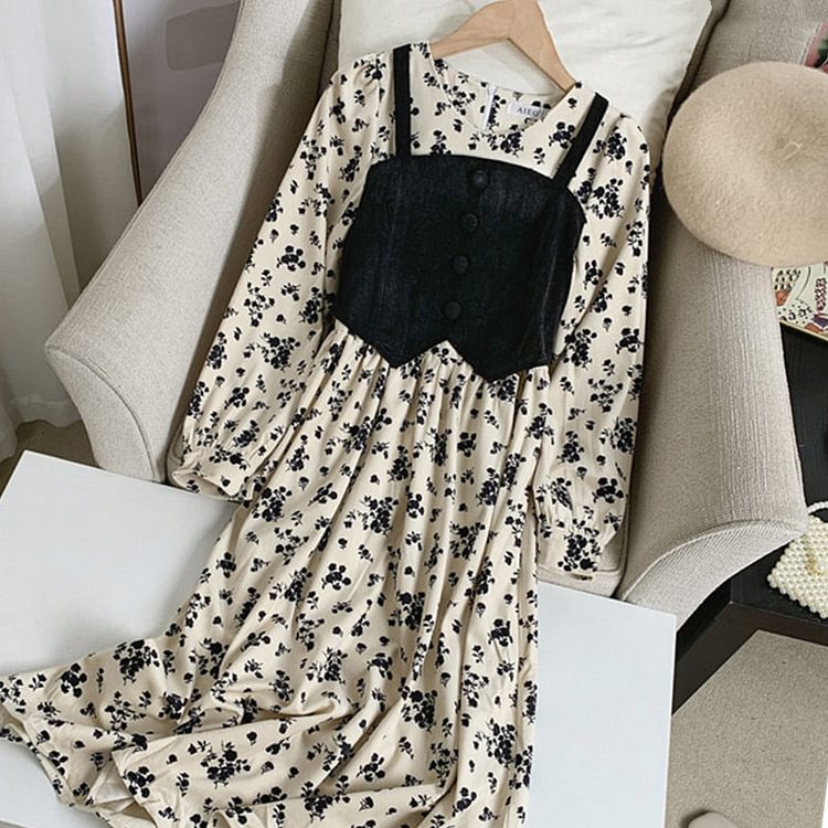 Chic Floral Print Lace Up Vest Dress - Modakawa Modakawa