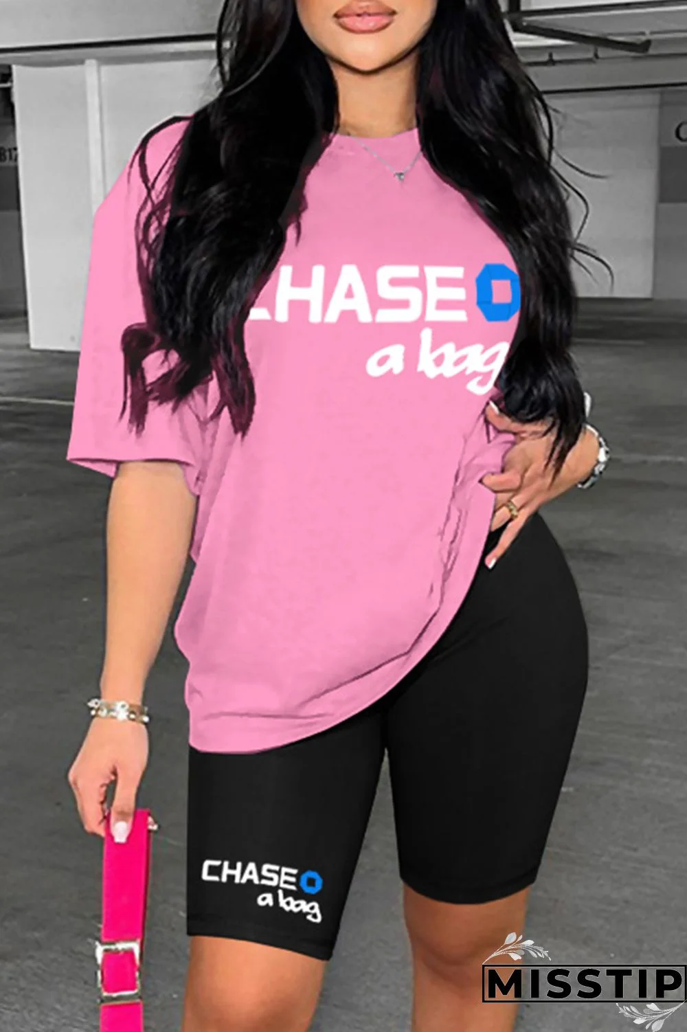 Ginger Casual Letter Print Basic O Neck Short Sleeve Two Pieces