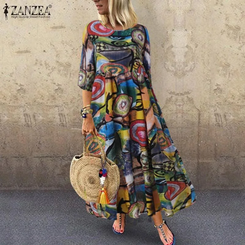 Oversized Retro Summer Short Sleeve Kaftan Casual Floral Printed Bohemian Long Maxi Shirt Dress Holiday