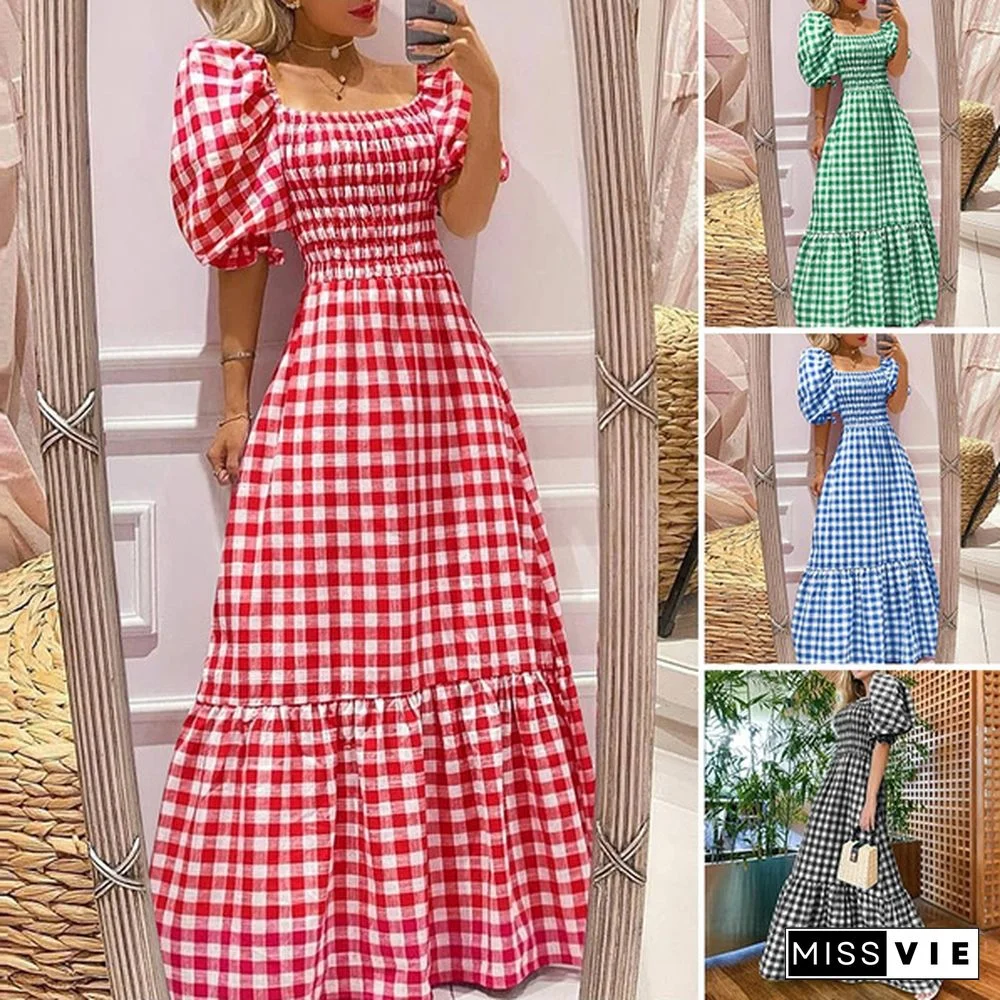 Plus Size Women Puff Square Neck Full-length Checked Plaid Dress Summer Holiday Maxi Dress Party Dress Vestidos