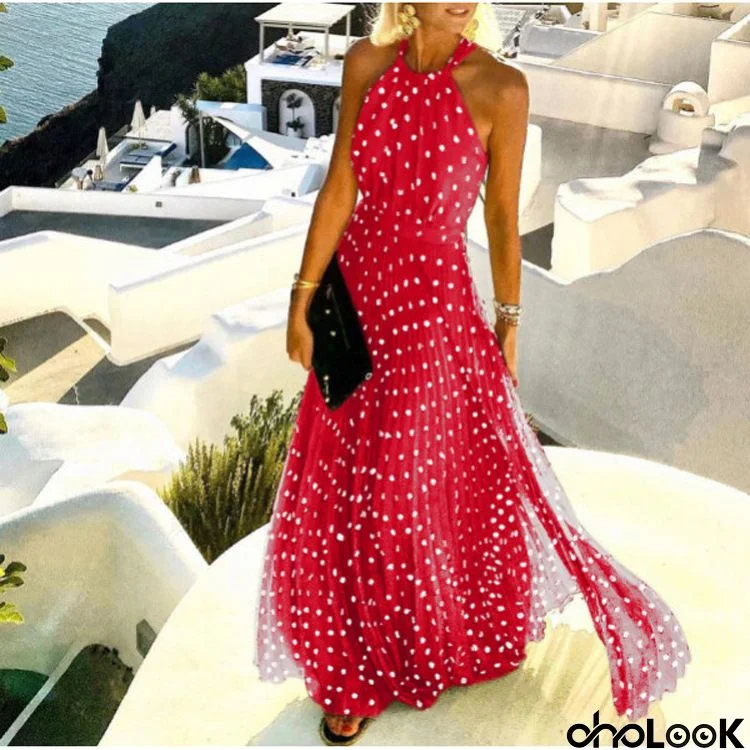 Women Fashion Casual Boho Polka Dot Printing Sleeveless Maxi Dress