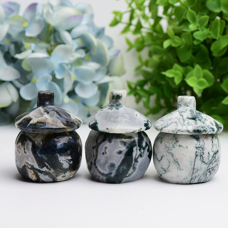 2.5" Moss Agate Mushroom House Crystal Carving Plants Free Form