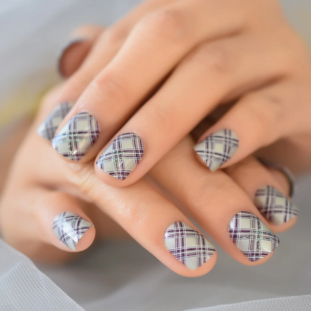 24pcs Short False Nail French Tip Kits Elegant Grey Purple Artificial Nail Lattice Design Professional Press On Nail-Nail Inspo
