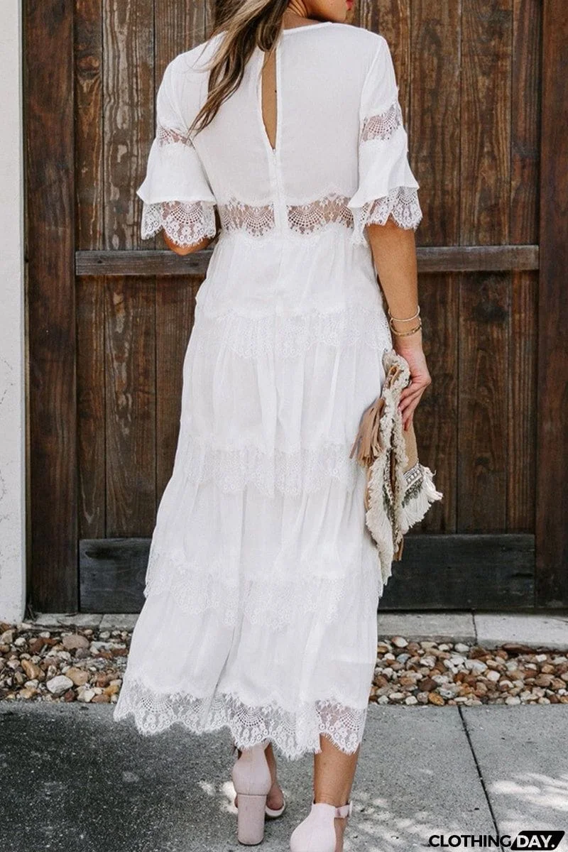 Elegant Solid Lace V Neck Cake Skirt Dresses(3 Colors)