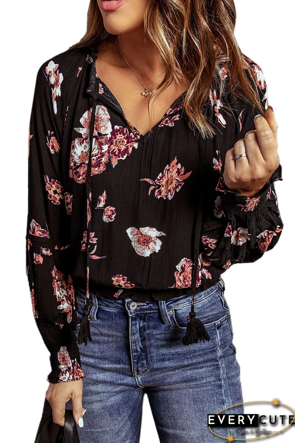 Black Floral Print V Neck Puffy Sleeve Blouse